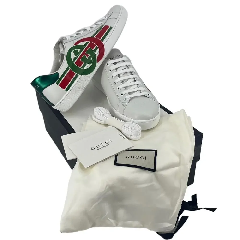 Gucci Ace Sneakers Men’s 7 White Metallic Leather Interlocking G New with Box - Picture 2 of 12